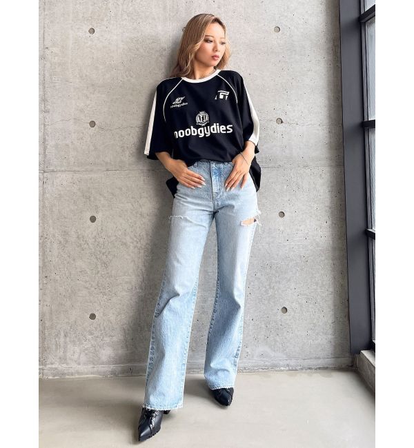 GYDA「ハイウエストBOTH SIDE RIPPEDストレートワイドデニム」|デニム|