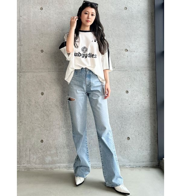 GYDA「ハイウエストBOTH SIDE RIPPEDストレートワイドデニム」|デニム|