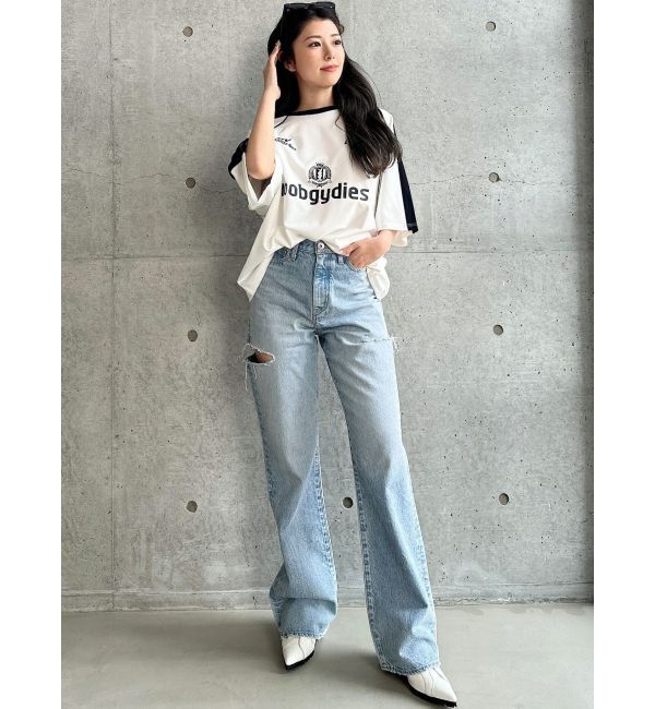 GYDA「ハイウエストBOTH SIDE RIPPEDストレートワイドデニム」|デニム|