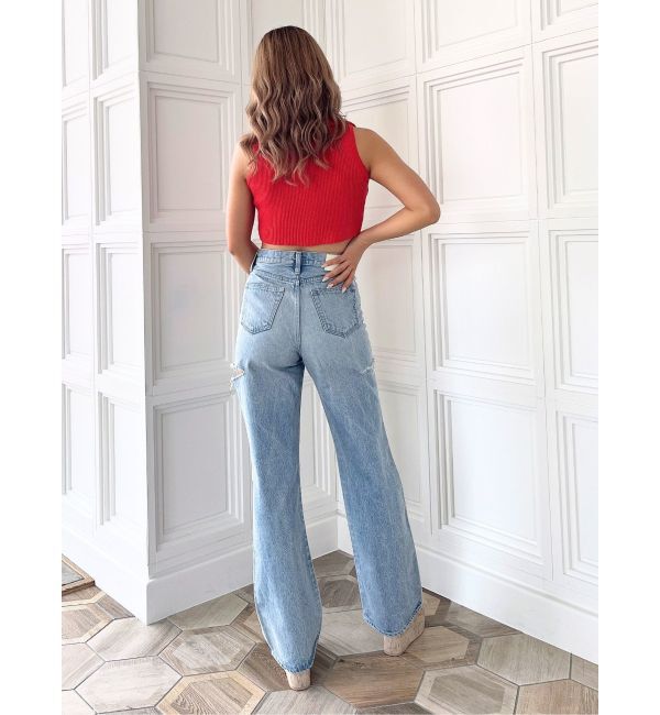 GYDA「ハイウエストBOTH SIDE RIPPEDストレートワイドデニム」|デニム|