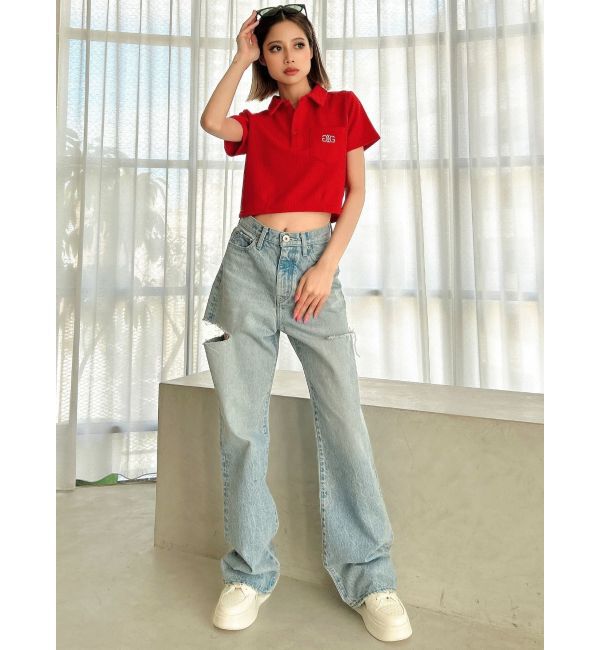 GYDA「ハイウエストBOTH SIDE RIPPEDストレートワイドデニム」|デニム|