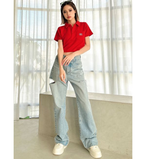 GYDA「ハイウエストBOTH SIDE RIPPEDストレートワイドデニム」|デニム|