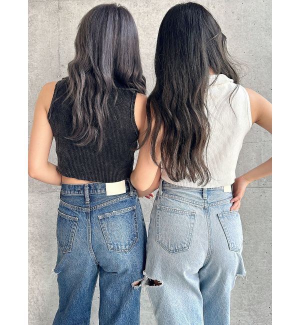 GYDA「ハイウエストBOTH SIDE RIPPEDストレートワイドデニム」|デニム|