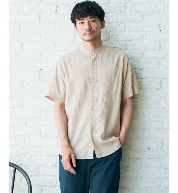 ikka「ヒヤットストライプバンドカラーシャツ」|シャツ・ブラウス|ベージュ