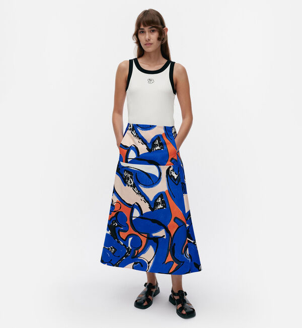 Marimekko「Puutarha Eldfamn スカート」|スカート|ﾌﾞﾙｰ&times;ﾋﾟｰﾁ&times;ｵﾚﾝｼﾞ