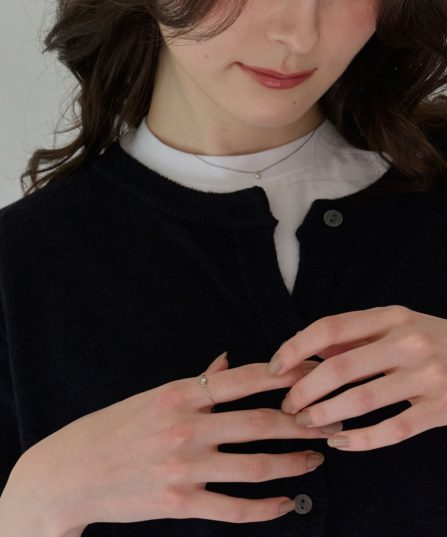 Phoebe「≪サイズ調整可能≫【金属アレルギー対応】プチベゼルストーンチェーンリング　シルバー」|リング|