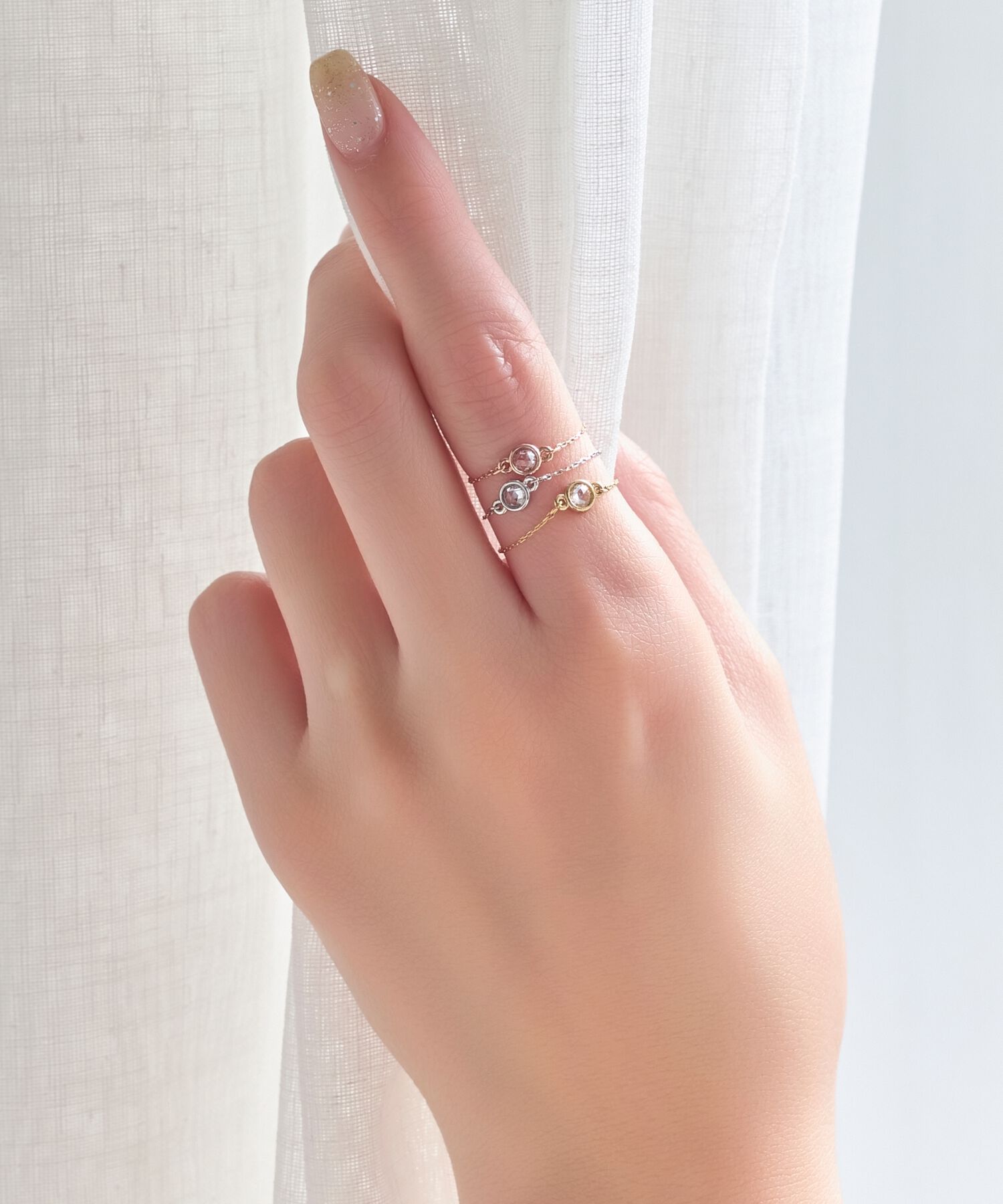 Phoebe「≪サイズ調整可能≫【金属アレルギー対応】プチベゼルストーンチェーンリング　シルバー」|リング|