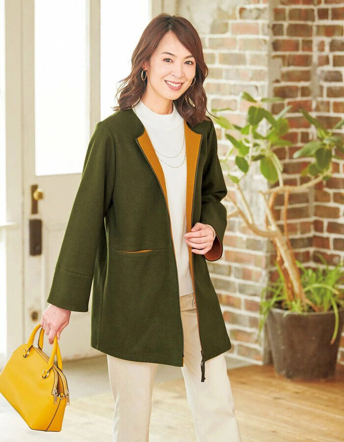 BACKYARD FAMILY「コート レディース きれいめ 通販 ノーカラーコート ノーカラージャケット ミドル丈 上着」|その他|