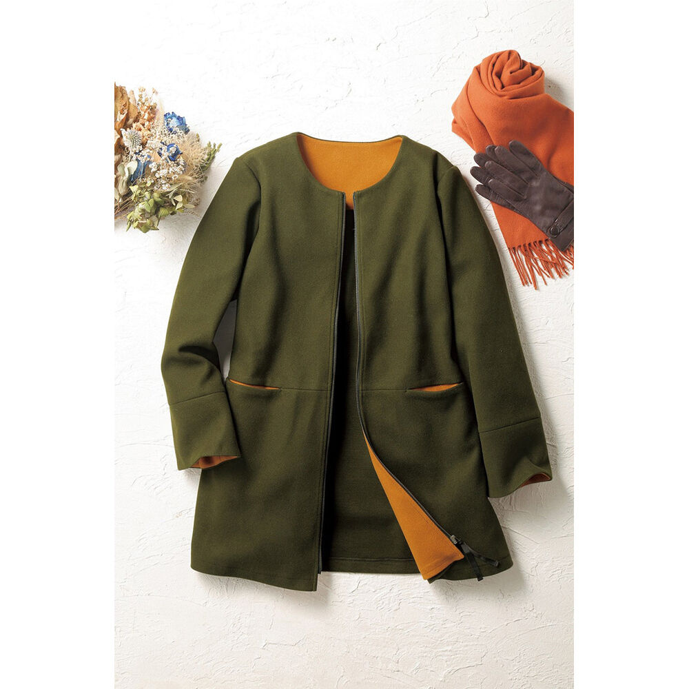 BACKYARD FAMILY「コート レディース きれいめ 通販 ノーカラーコート ノーカラージャケット ミドル丈 上着」|その他|グリーン1