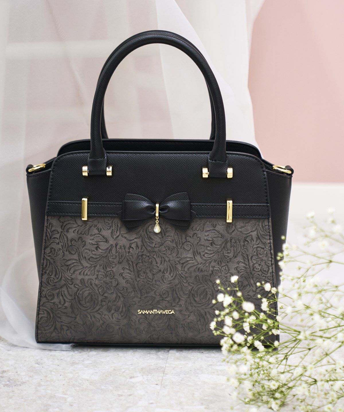 Samantha Vega「フローラルアクセントリボンハンドバッグ」|ハンドバッグ|ブラック