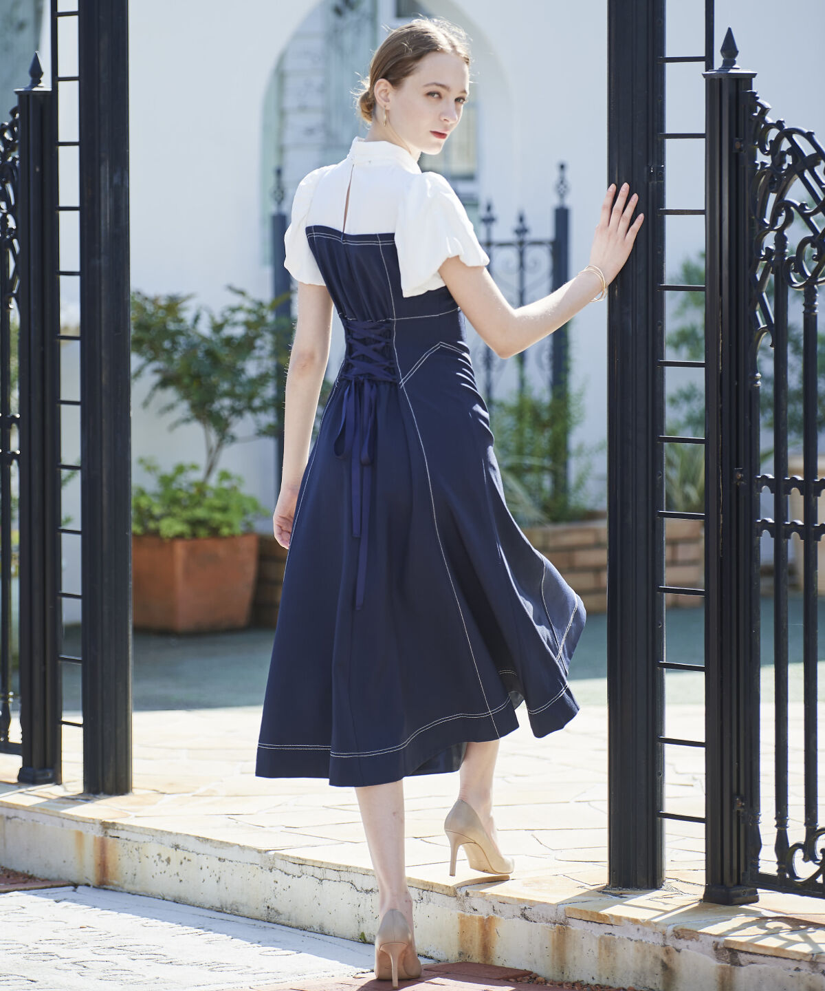 アンドクチュール「ヨーク切替バルーンスリーブシャツワンピース」|ワンピース|