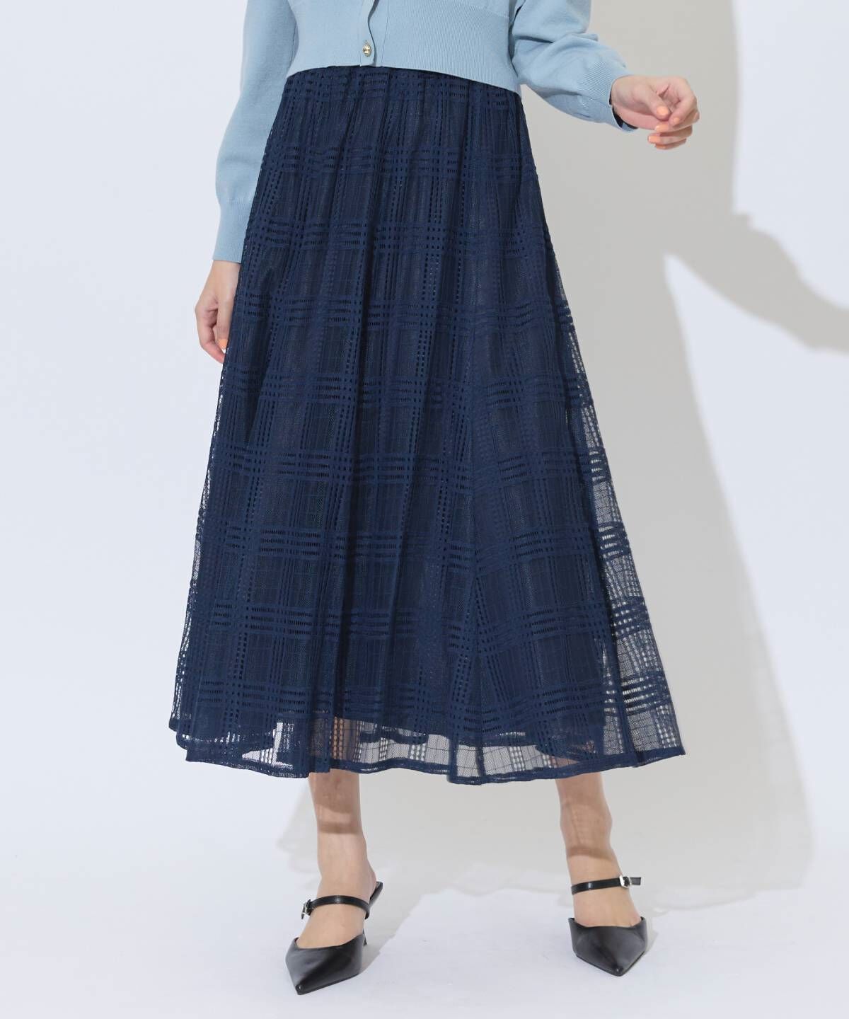 アンドクチュール「ウエストリブメッシュチェックロングスカート」|フレア|ネイビー