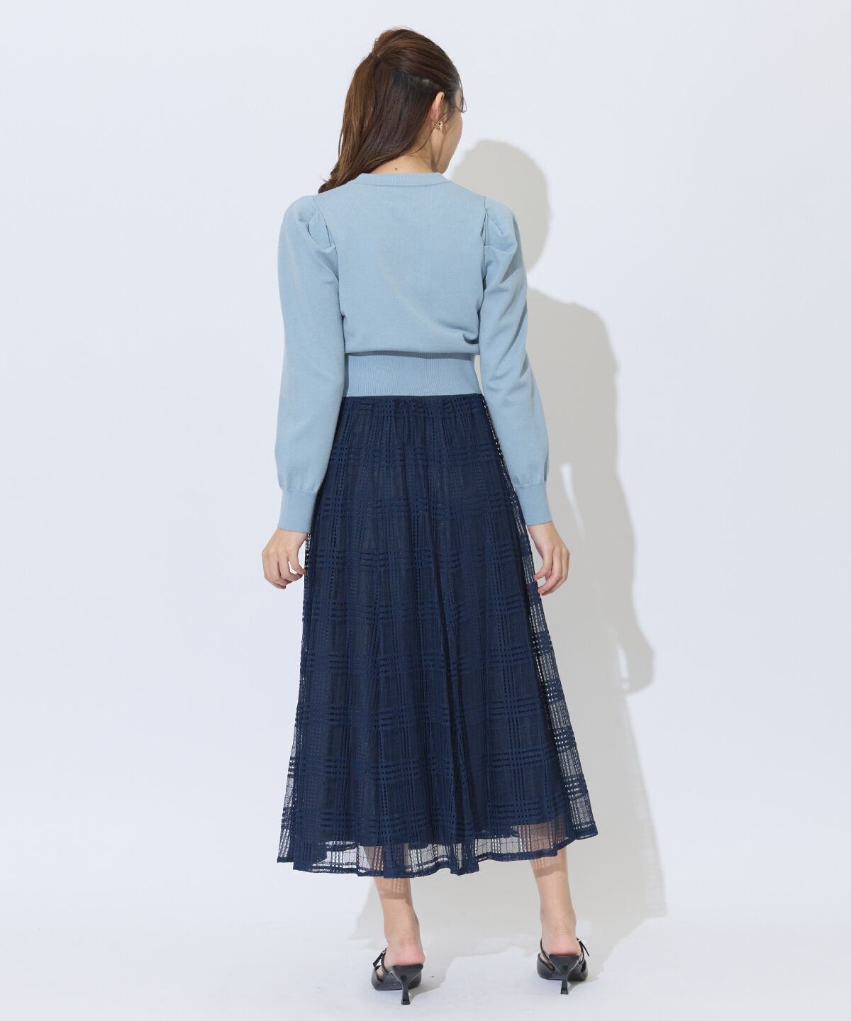 アンドクチュール「ウエストリブメッシュチェックロングスカート」|フレア|