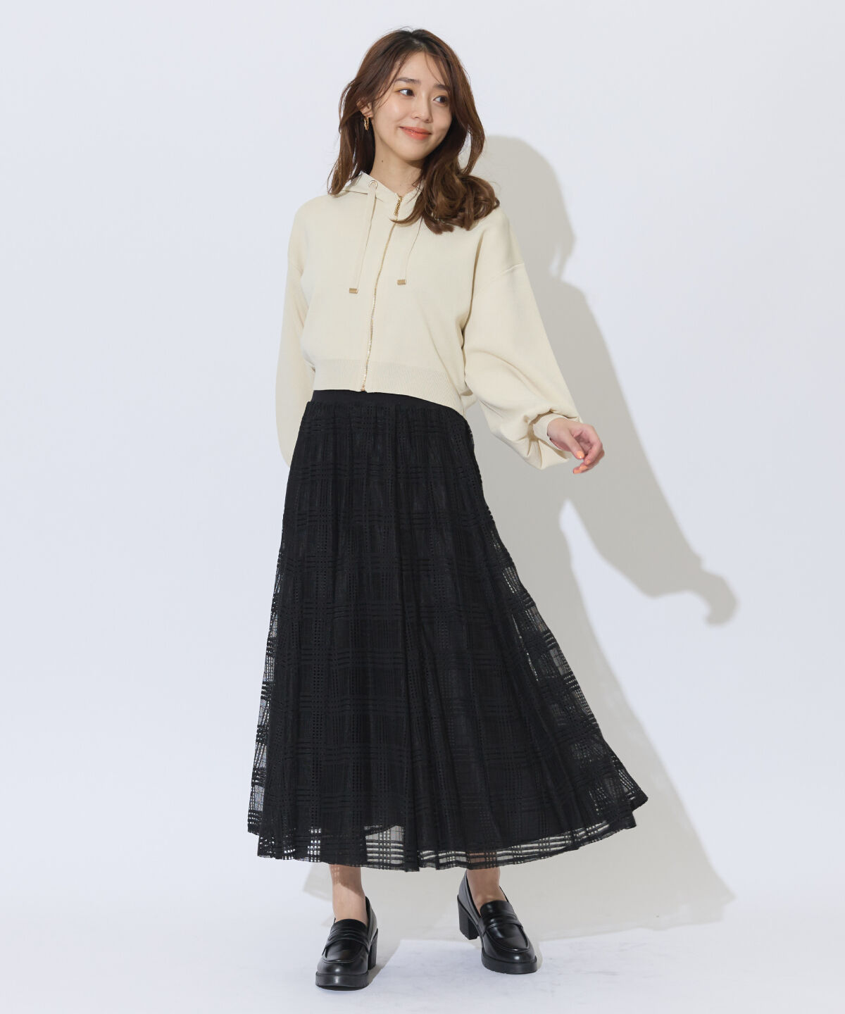 アンドクチュール「ウエストリブメッシュチェックロングスカート」|フレア|