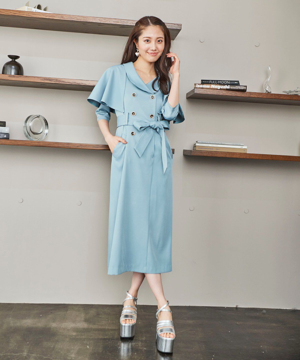 REDYAZEL「トレンチケープデザイン5分丈ワンピース」|ワンピース|ブルー
