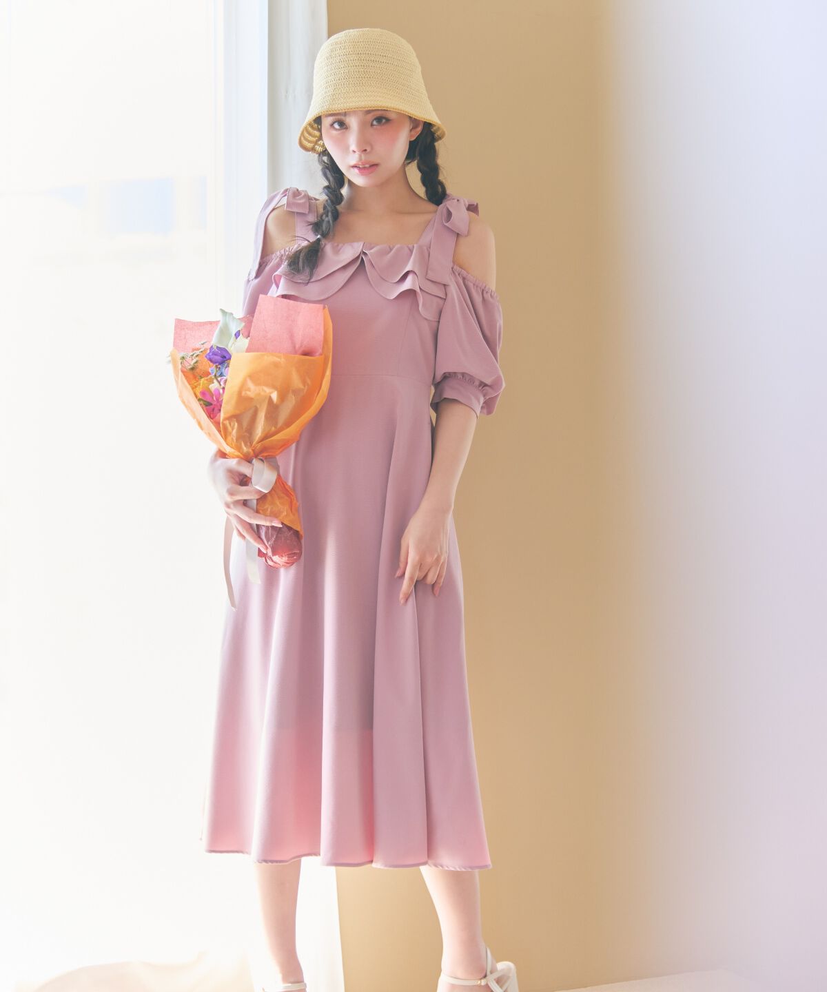 REDYAZEL「ショルダーリボンオフショルワンピース」|ワンピース|ピンク