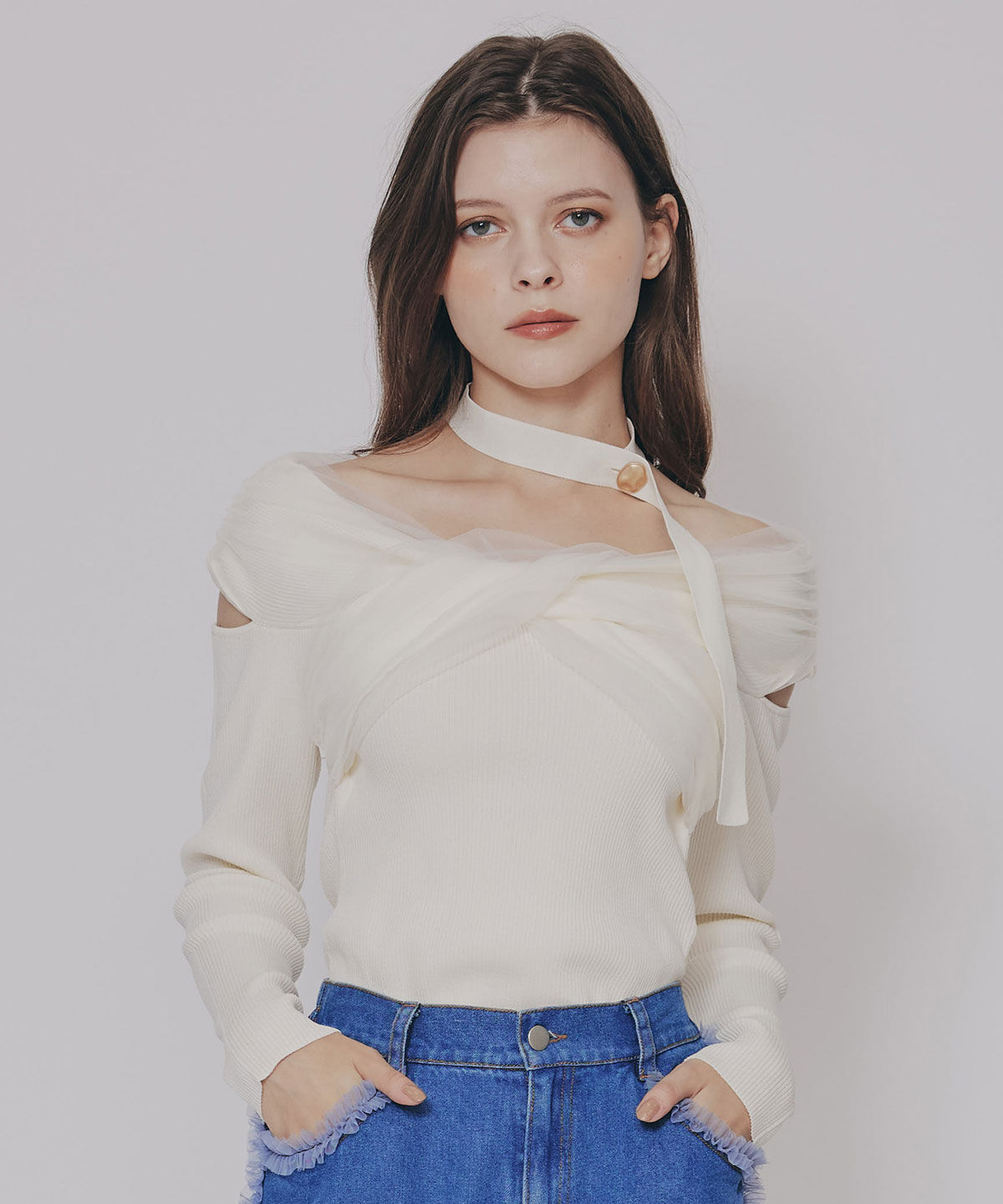 REDYAZEL「チョーカークロスチュールニットトップス」|ニット・セーター|オフ