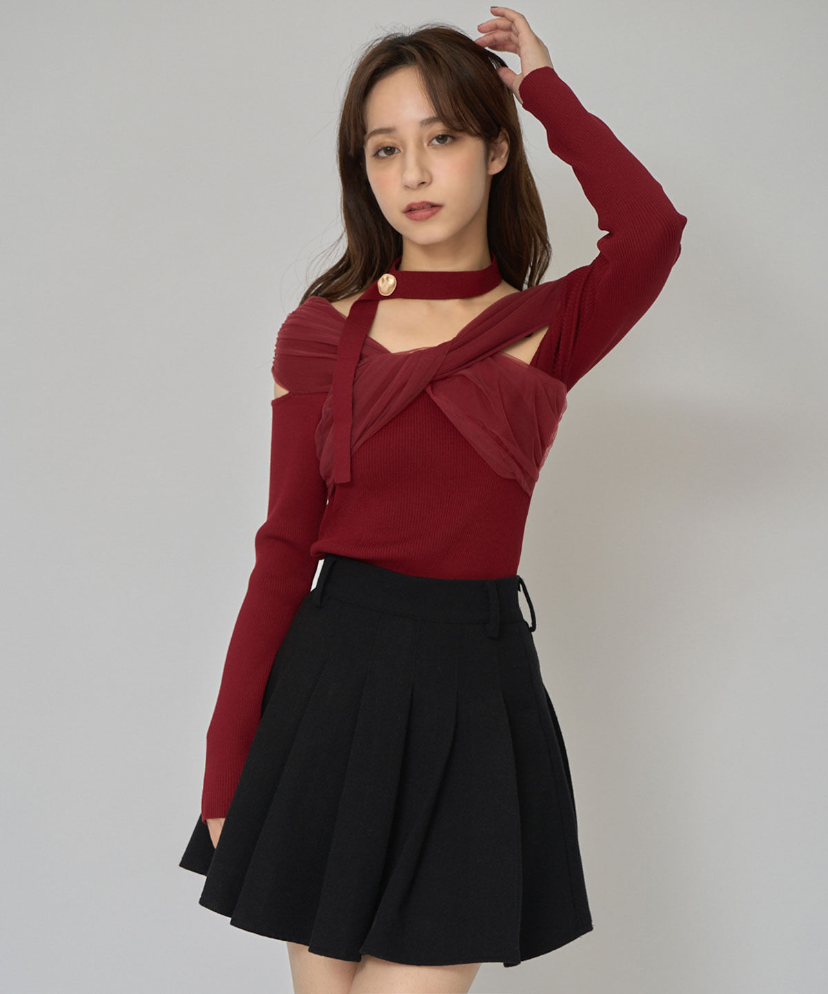 REDYAZEL「チョーカークロスチュールニットトップス」|ニット・セーター|