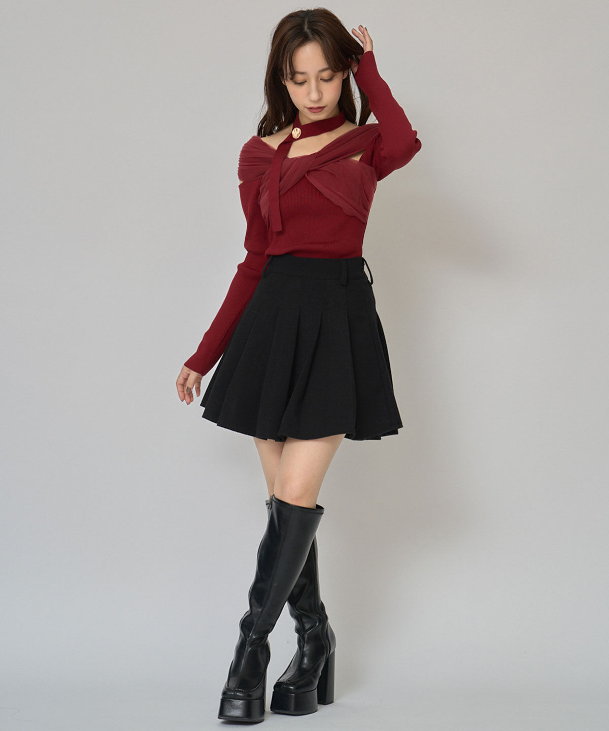 REDYAZEL「チョーカークロスチュールニットトップス」|ニット・セーター|