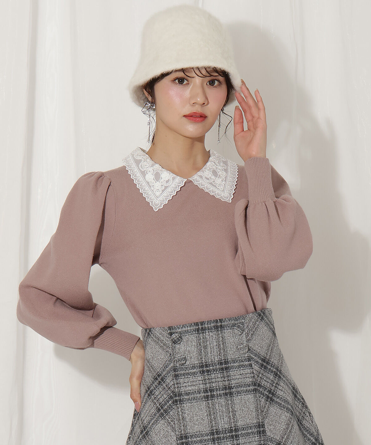 WILLSELECTION「ボリュームスリーブレースカラープルオーバー」|ニット・セーター|ピンク