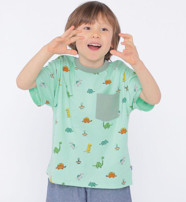 SHIPS KIDS「SHIPS KIDS:100～130cm / 恐竜 テキスタイル 半袖 TEE」|Tシャツ・カットソー|ライトグリーン