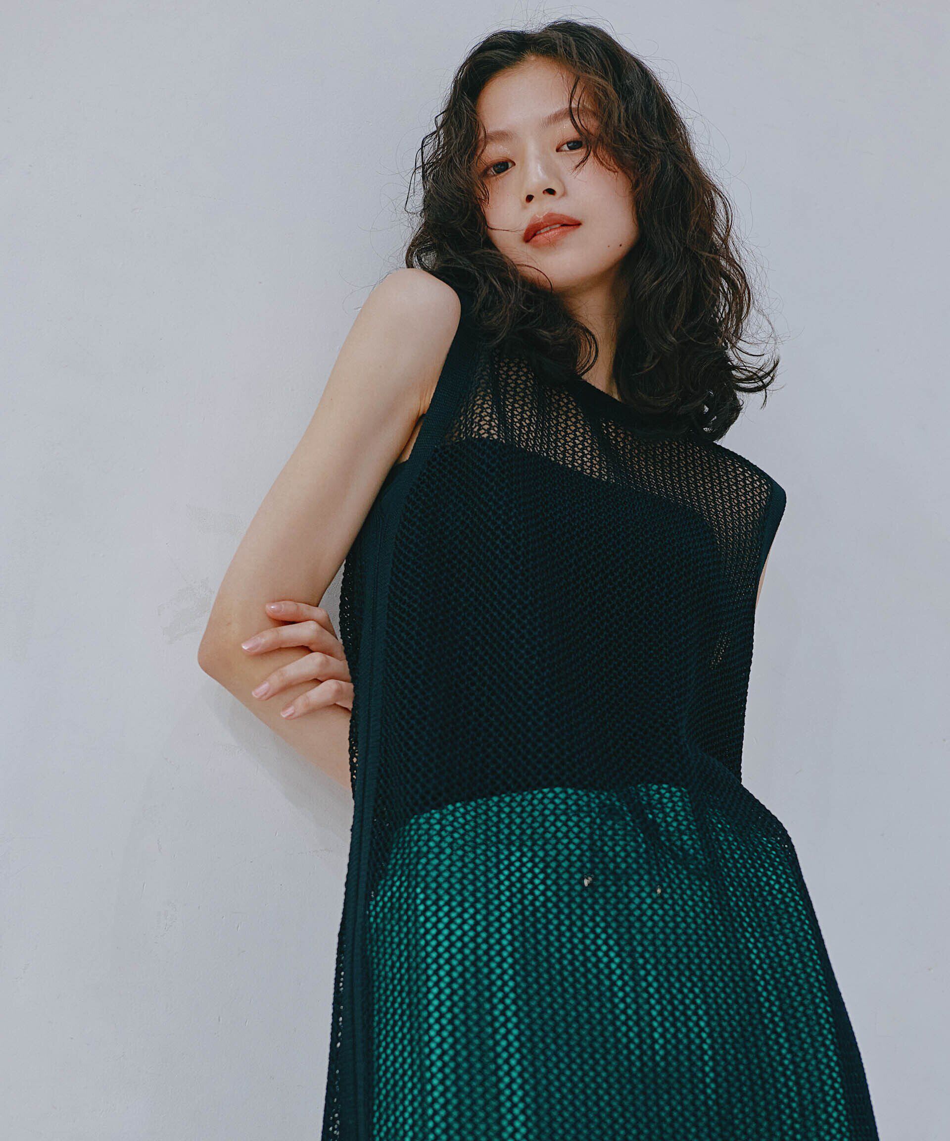 nano･universe「メッシュ編みノースリーブニットワンピース」|ワンピース|ブラック