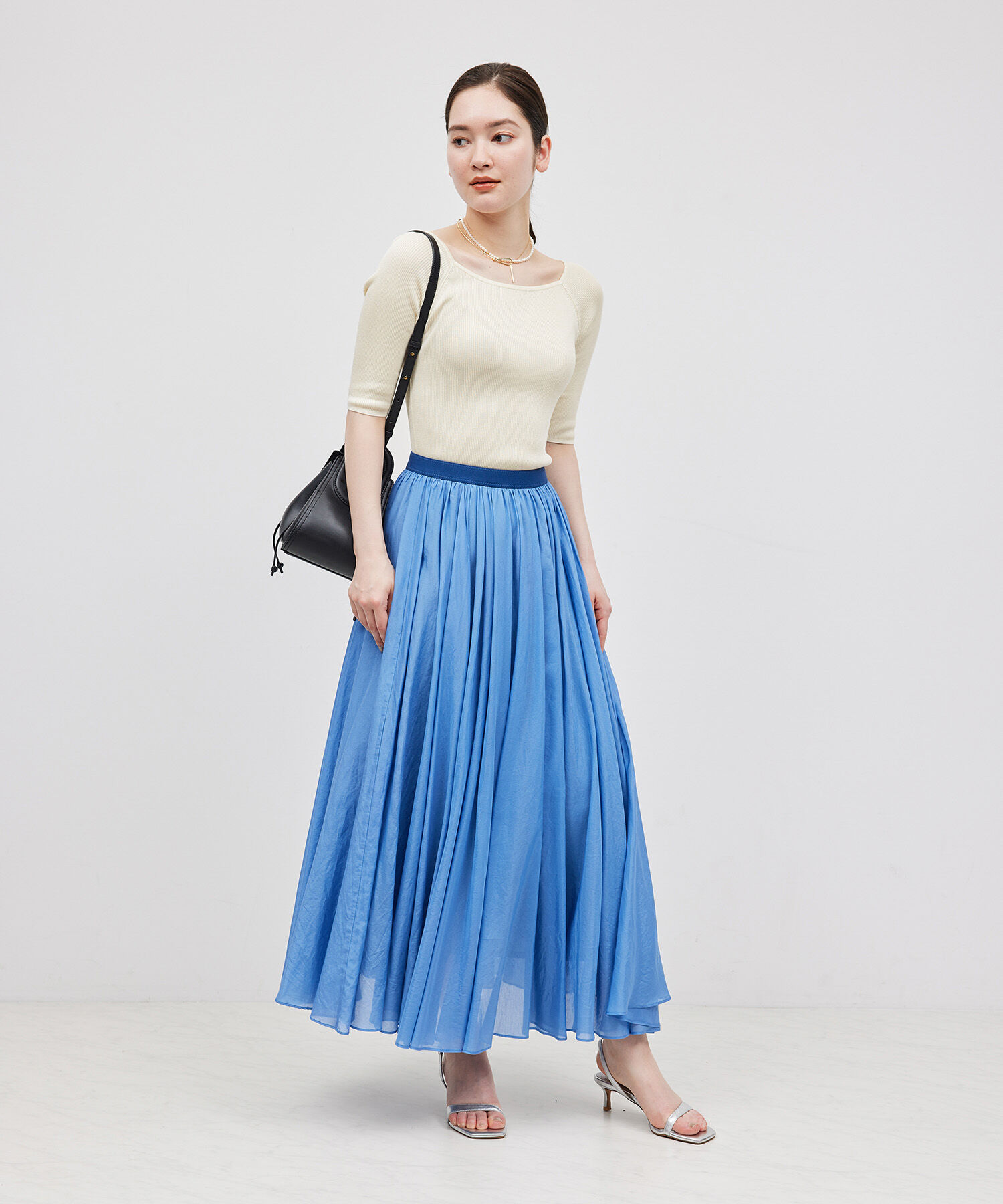 ROPE「【洗える】シルク100％ 5分袖リブトップス/スキンニット」|Tシャツ・カットソー|