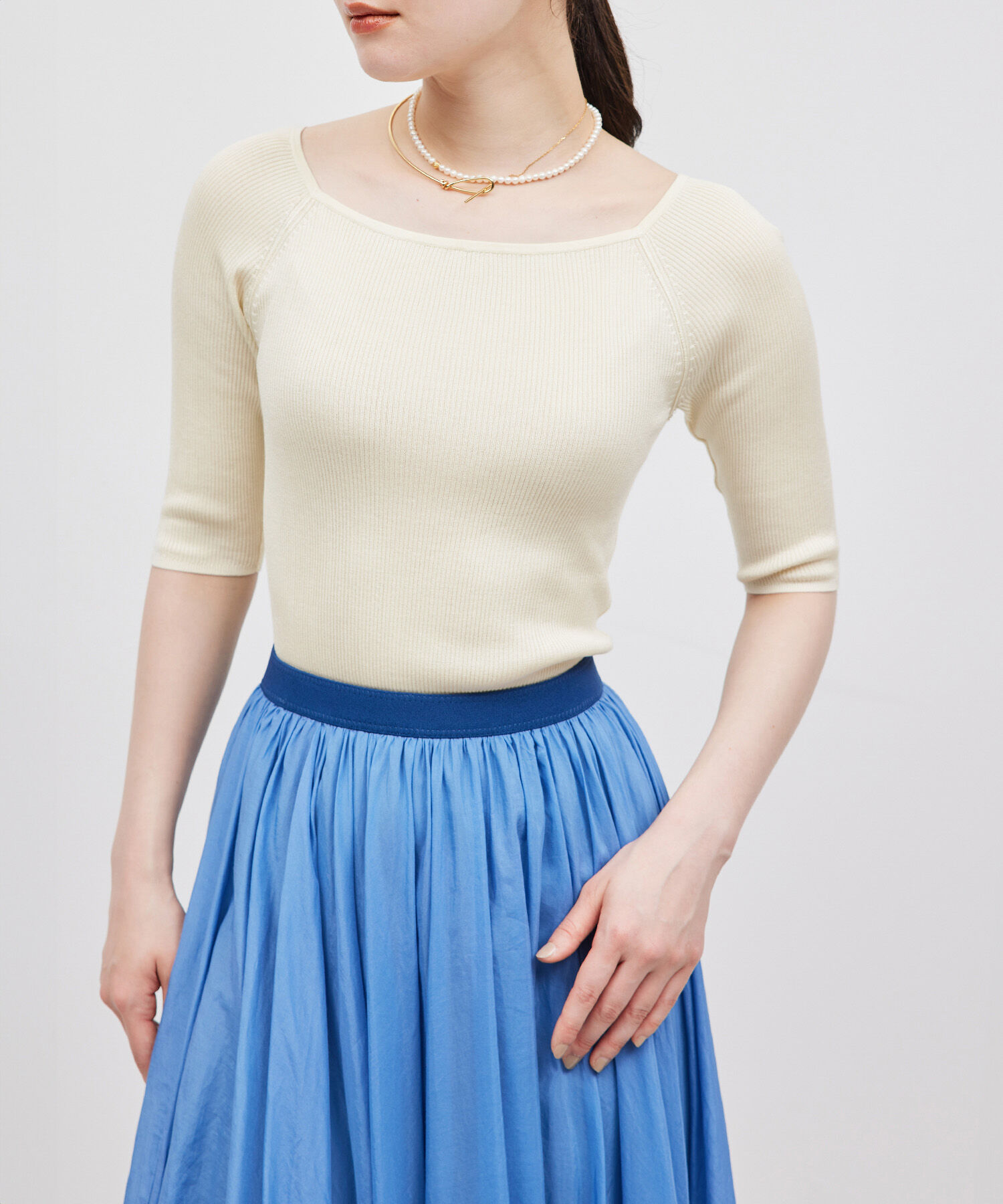 ROPE「【洗える】シルク100％ 5分袖リブトップス/スキンニット」|Tシャツ・カットソー|