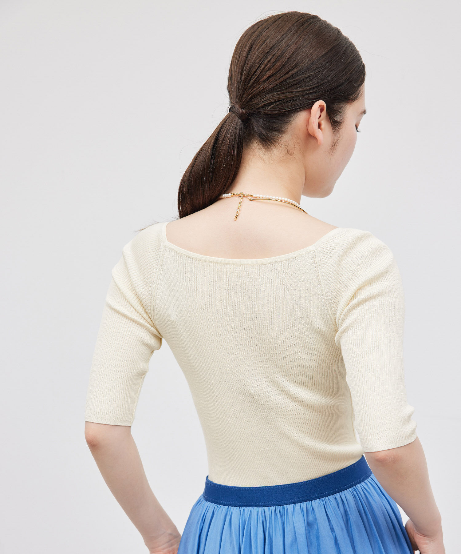 ROPE「【洗える】シルク100％ 5分袖リブトップス/スキンニット」|Tシャツ・カットソー|