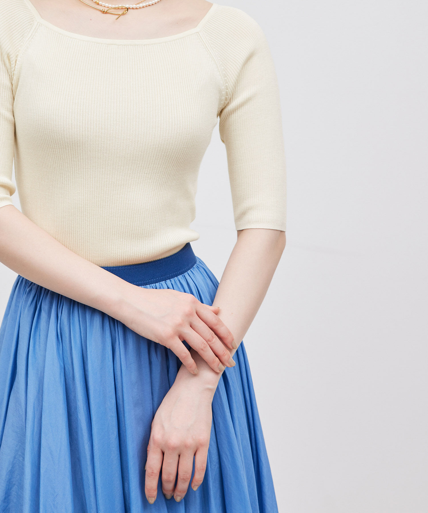 ROPE「【洗える】シルク100％ 5分袖リブトップス/スキンニット」|Tシャツ・カットソー|