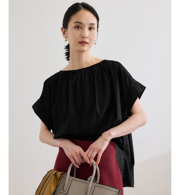 ROPE「【洗える】クリア天竺ギャザー半袖プルオーバー/お仕事服」|Tシャツ・カットソー|ブラック(01)