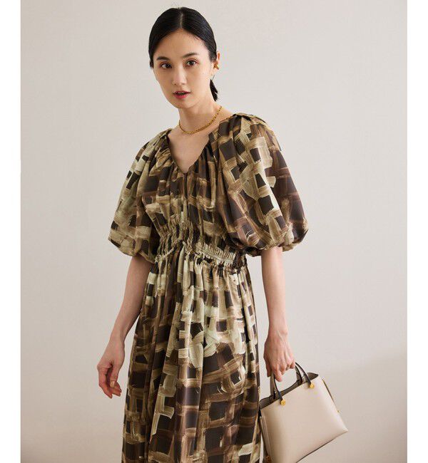 ROPE「スクエア ジオメトリックプリントワンピース/洗える」|ドレス|ブラウン(20)