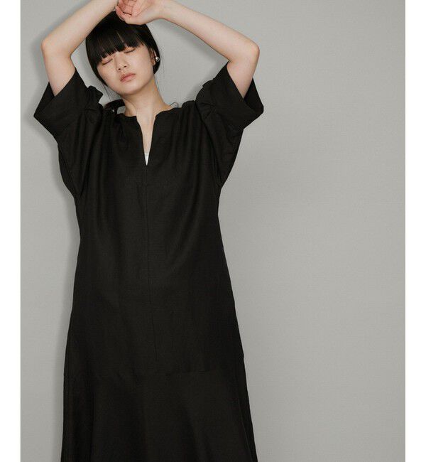 ADAM ET ROPE'「【WEB限定】・【新色追加】リネンボリュームスリーブワンピース」|ワンピース|ブラック(01)