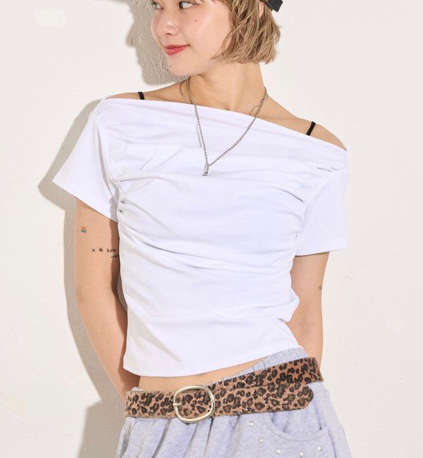  「ギャザーオフショル半袖トップス」|Tシャツ・カットソー|オフホワイト