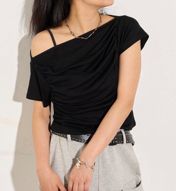  「ギャザーオフショル半袖トップス」|Tシャツ・カットソー|ブラック