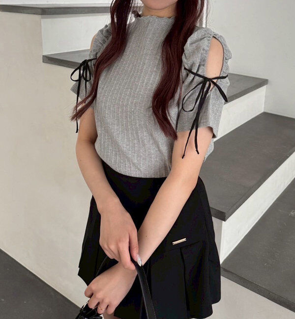  「肩あきリボンテレコトップス」|プルオーバー|グレー