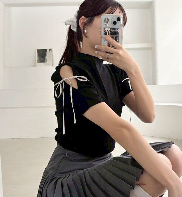  「肩あきリボンテレコトップス」|プルオーバー|ブラック