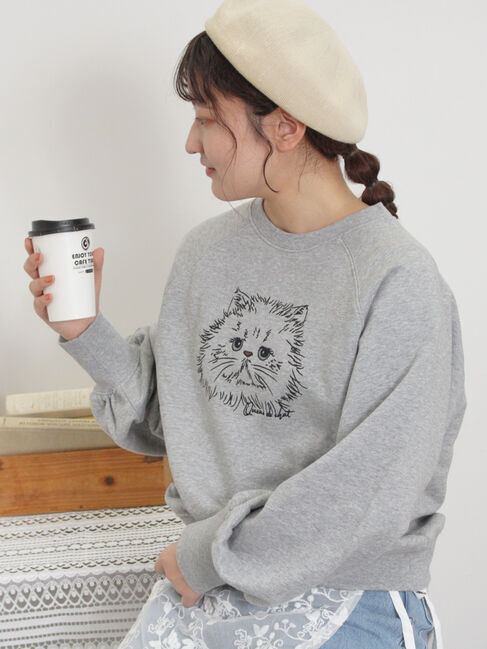 Samansa Mos2「ネコプリント刺繍スウェット」|Tシャツ・カットソー|