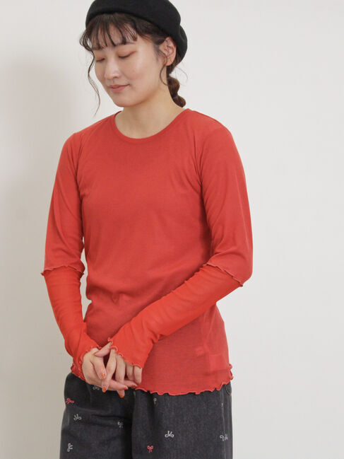 Samansa Mos2「袖シアー切替メローカットソー」|Tシャツ・カットソー|レッド