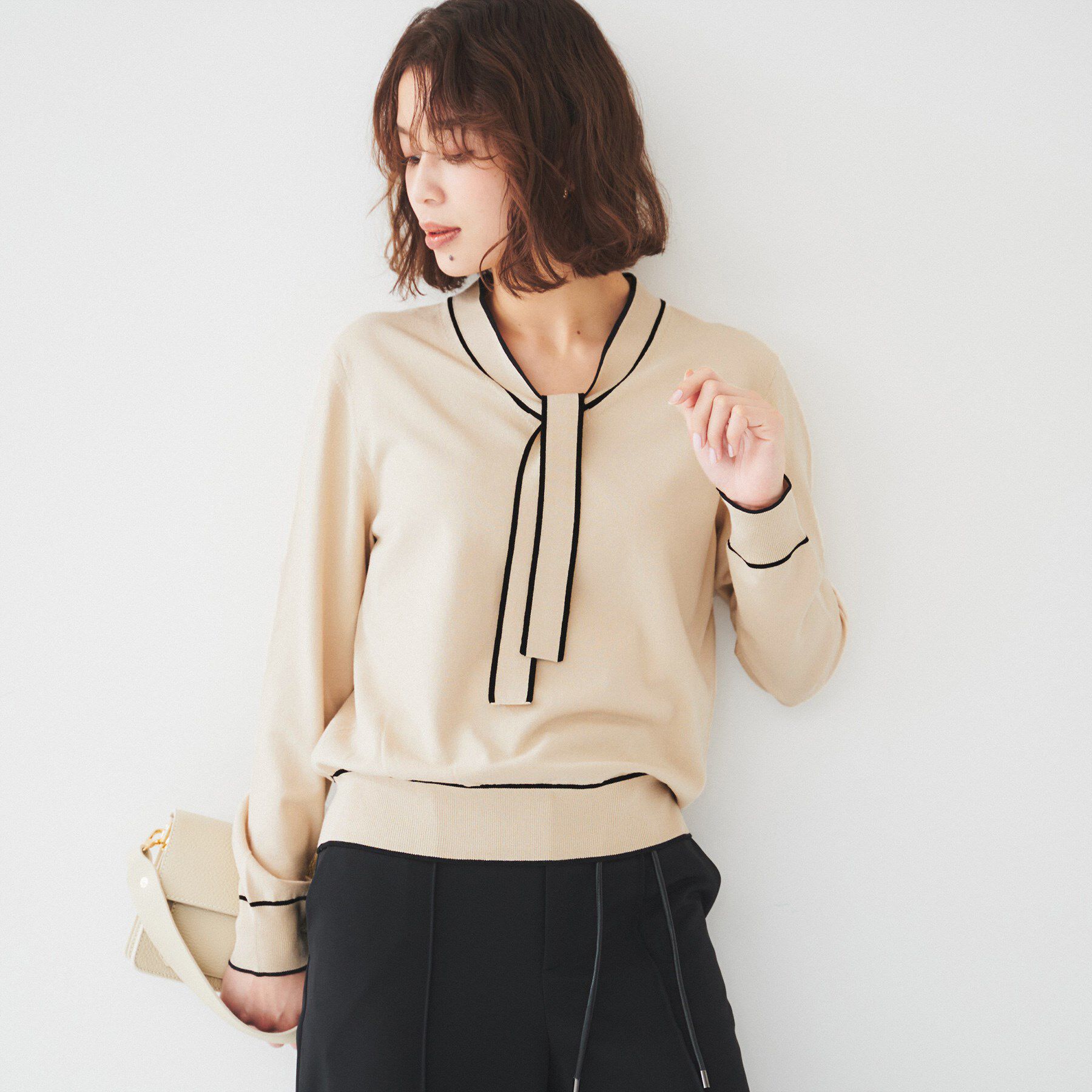 UNTITLED「【アンサンブル可能】ボウタイ 配色プルオーバーニット」|ニット・セーター|