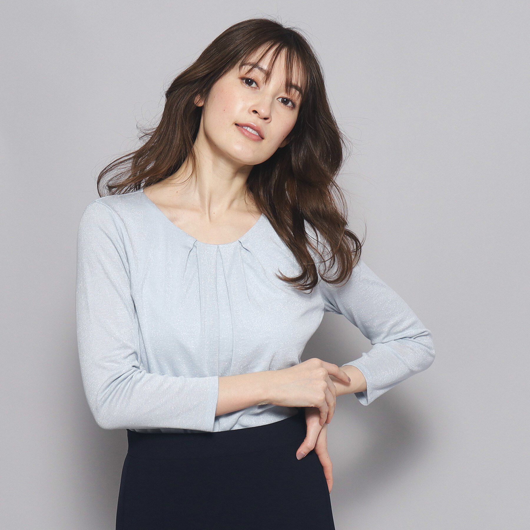 COUP DE CHANCE「【洗える／日本製／ラメ入り】上品ラウンドネックプルオーバー」|Tシャツ・カットソー|ブルー(092)