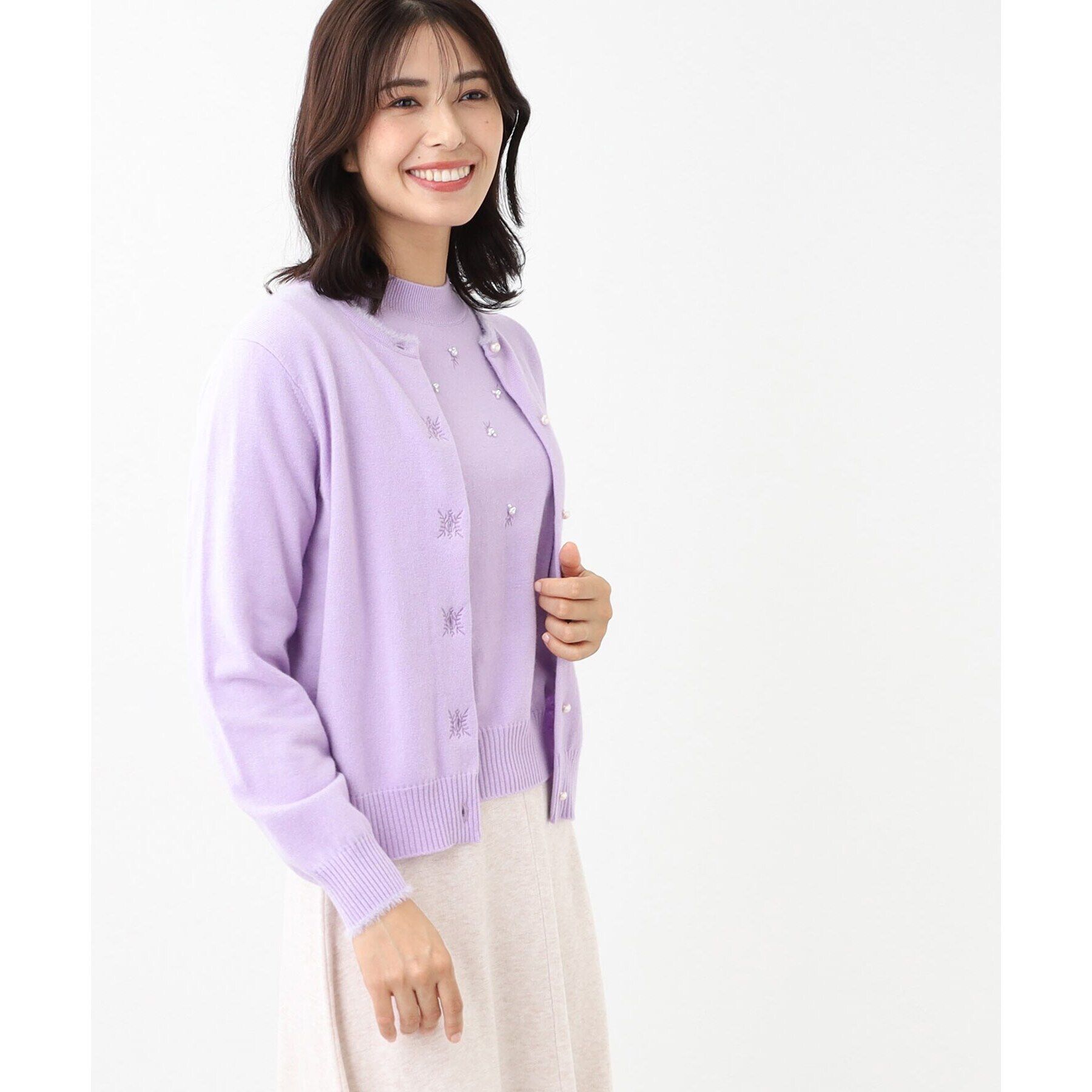 Reflect「【WEB限定カラーあり／洗える／アンサンブル】パール調刺繍ニット＋カーディガン」|カーディガン|