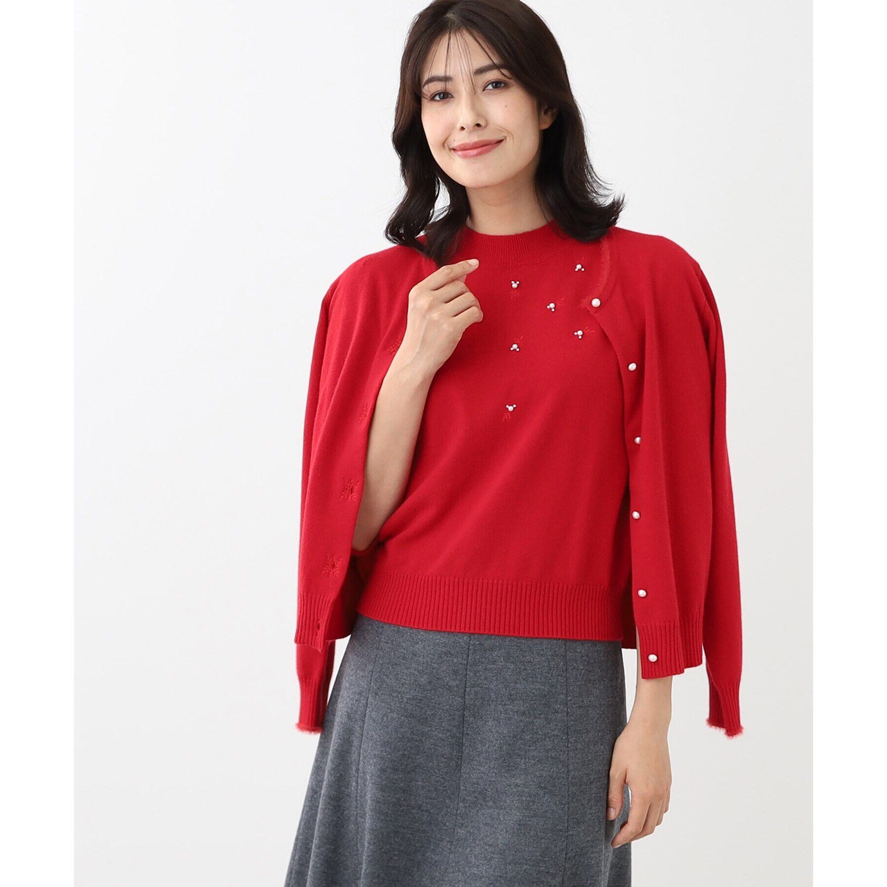 Reflect「【WEB限定カラーあり／洗える／アンサンブル】パール調刺繍ニット＋カーディガン」|カーディガン|レッド(062)