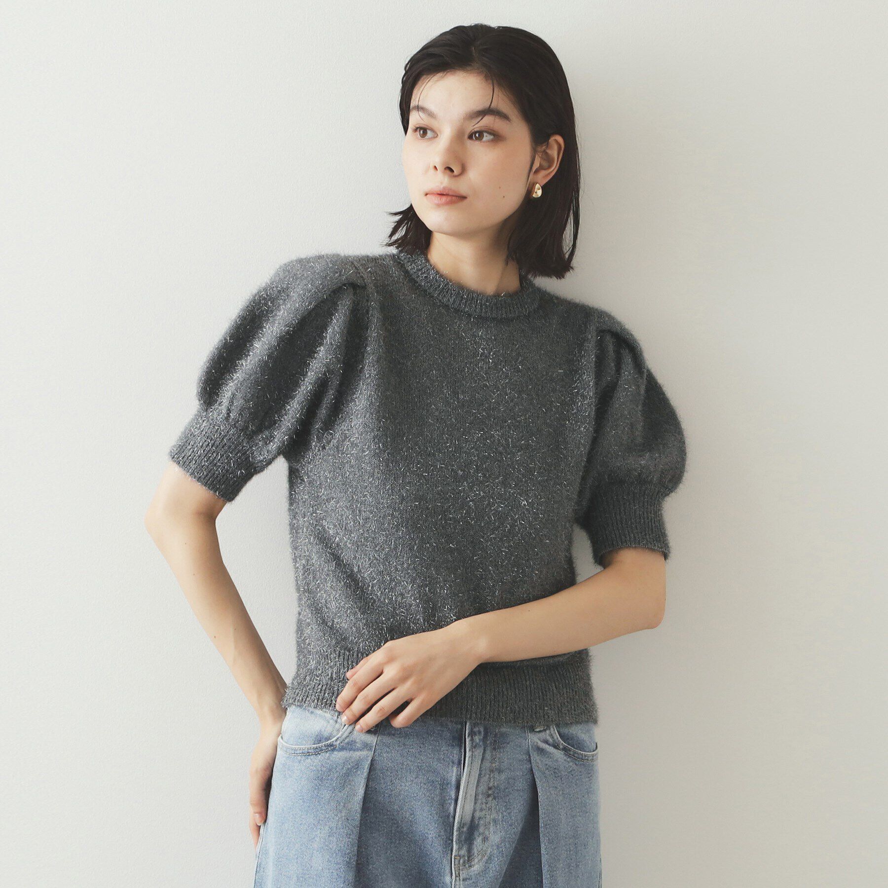 OPAQUE.CLIP「《andGIRL掲載》キラキラボリュームスリーブニット【洗濯機洗い可】」|ニット・セーター|ブルー(691)