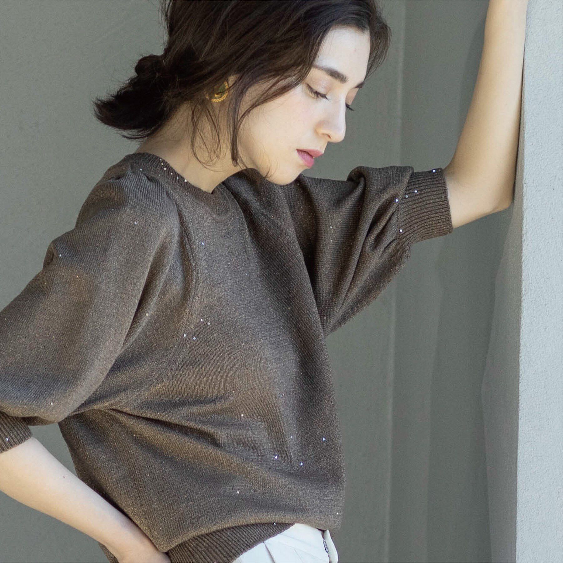 OPAQUE.CLIP「スパンコールパフスリーブニット」|ニット・セーター|モカブラウン(642