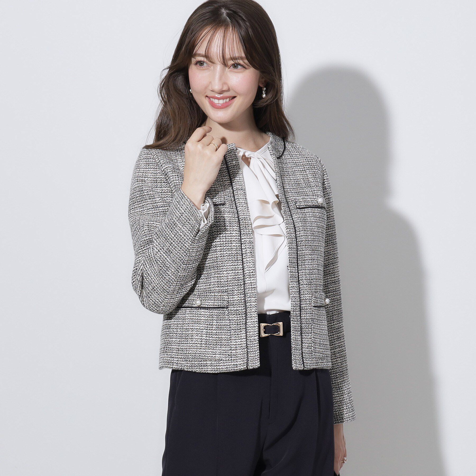 Couture broach「【セレモニーシーン/ON・OFF使える】杢ツイードノーカラージャケット」|ノーカラージャケット|