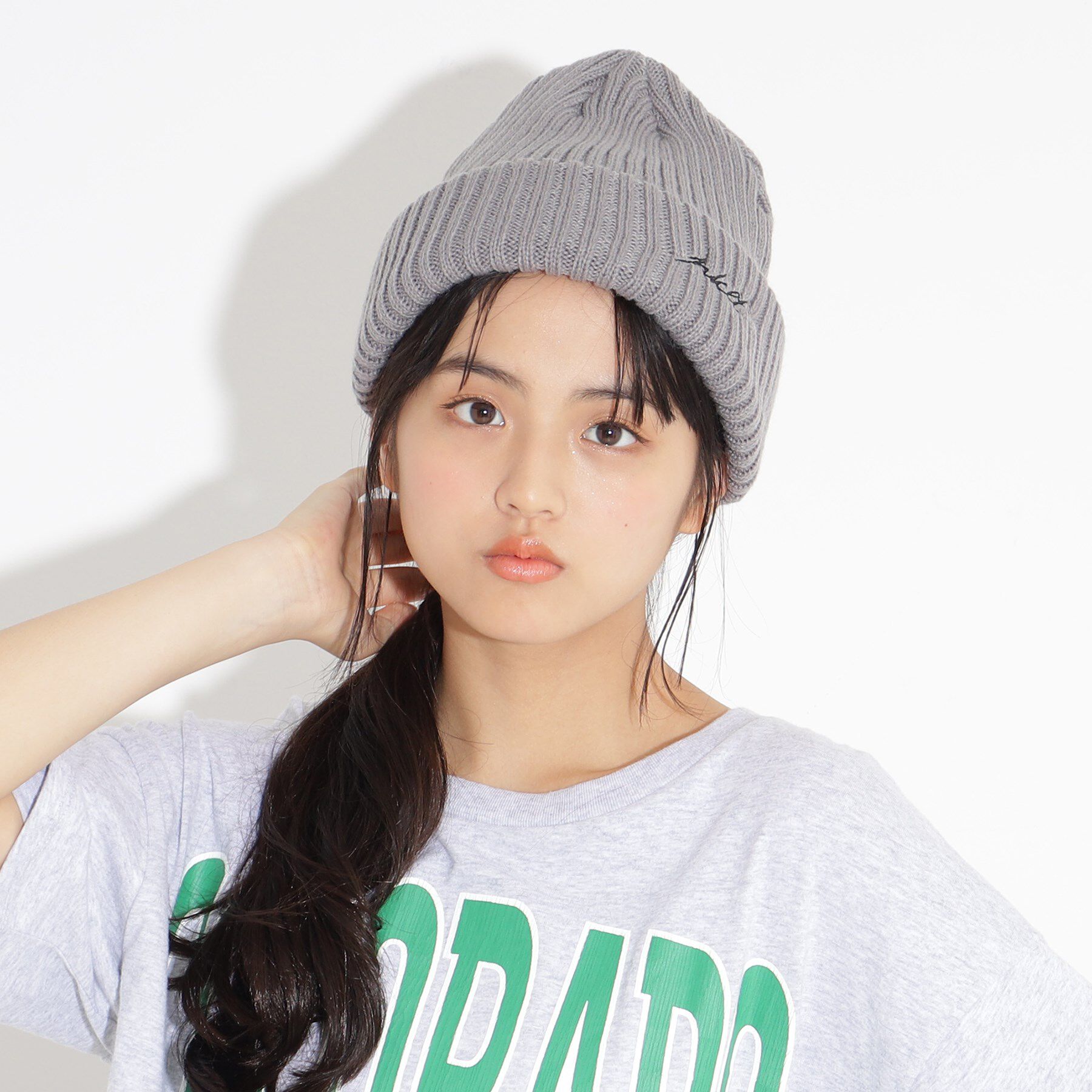 PINK-latte「シンプルニットワッチ」|ニット帽|グレー(012)