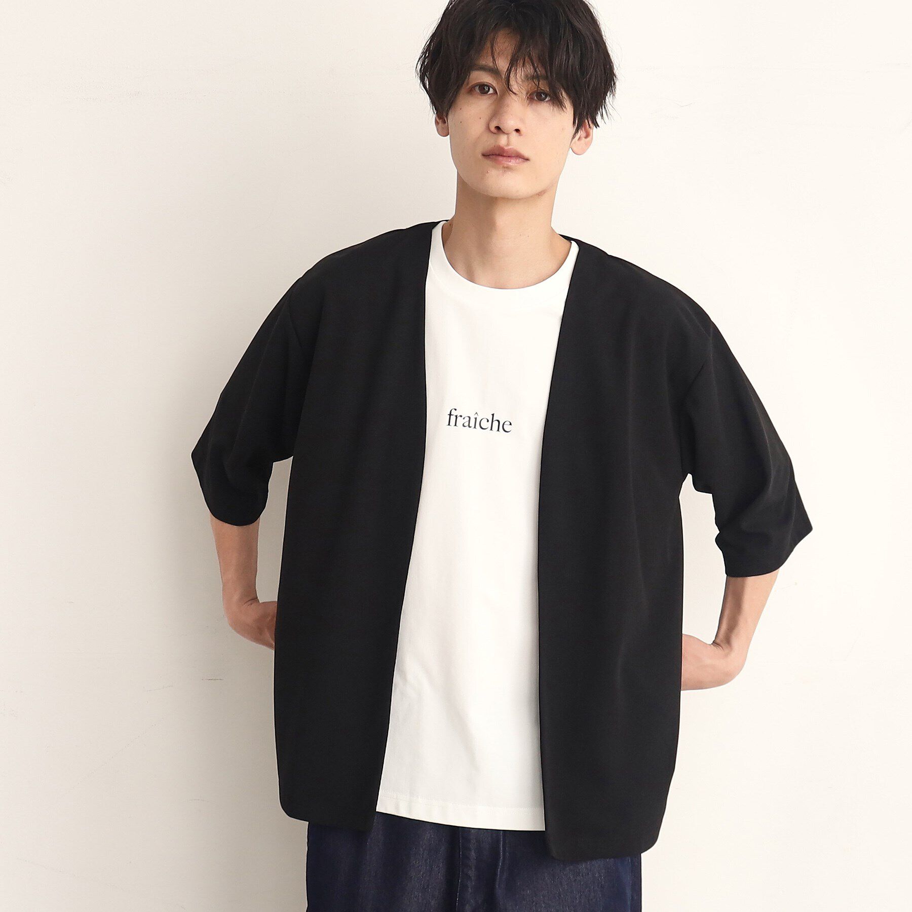 THE SHOP TK「【インナー&times;五分袖カーデ セットアイテム】梨地ハーフスリーブカーディガン&times;ライトパーフェクティー」|カーディガン|