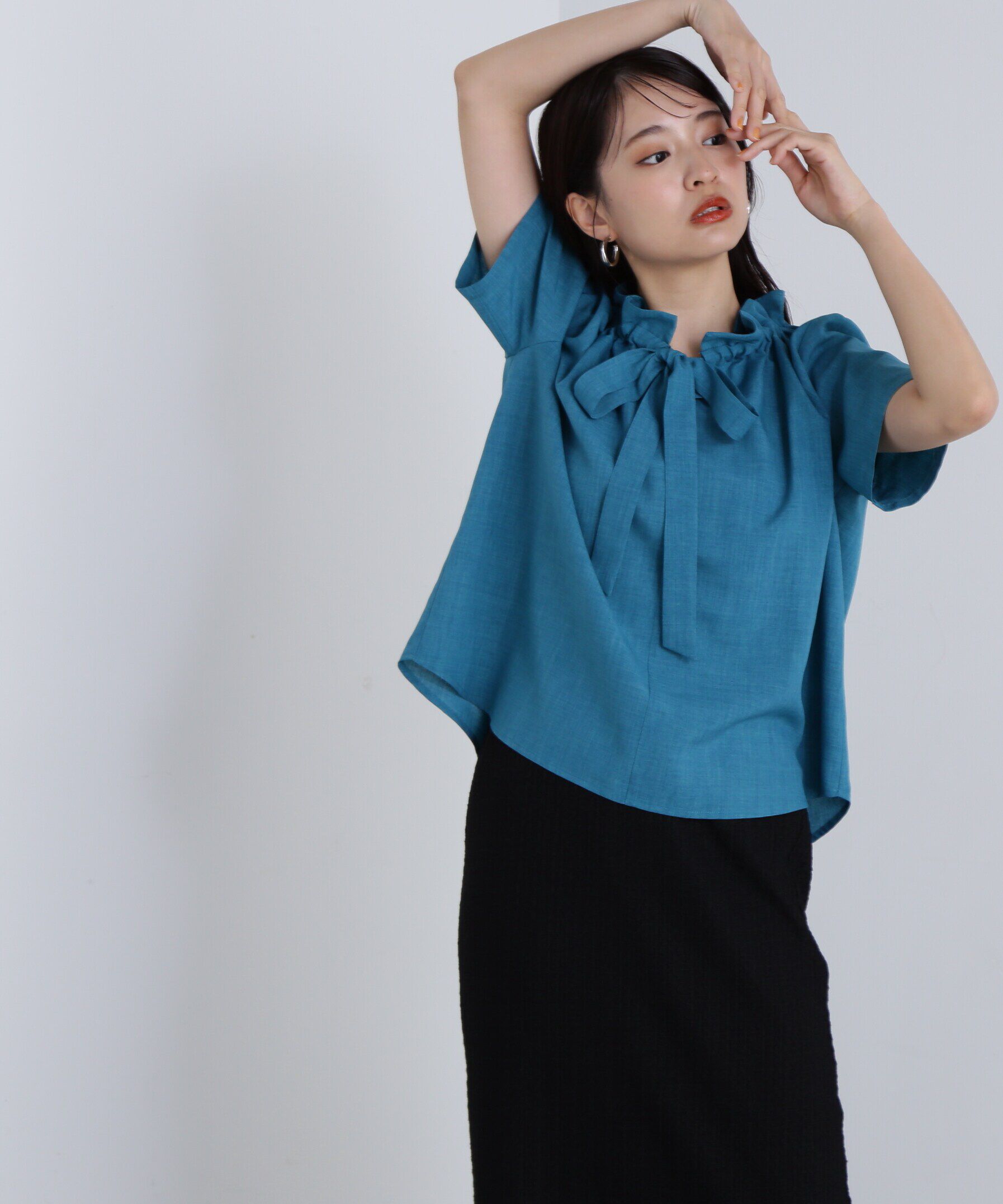  「ドライタッチポプリンフリルリボンタイブラウス」|シャツ・ブラウス|グリーン