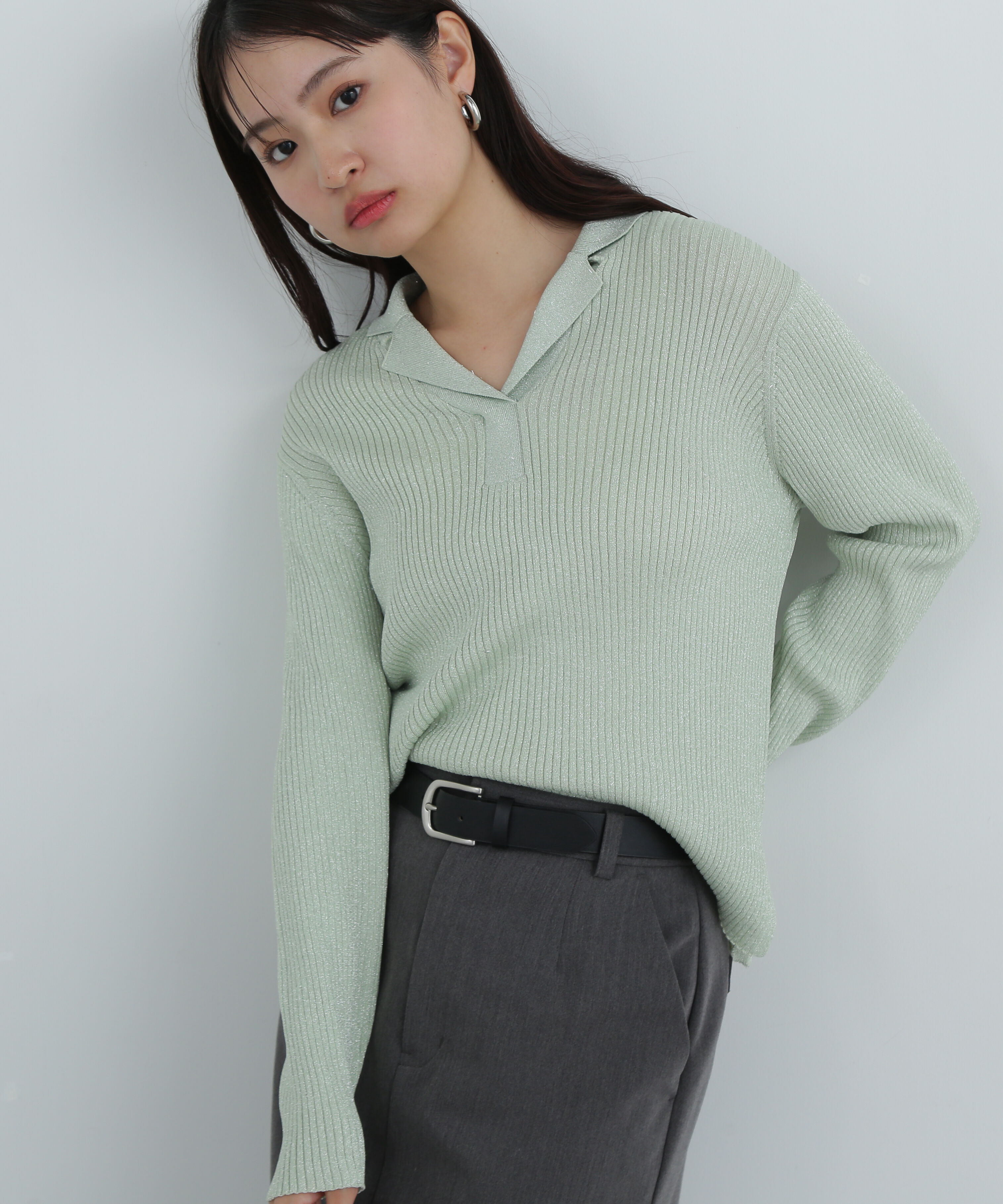  「ラメリブカイキンニット」|ニット・セーター|ライトグリー